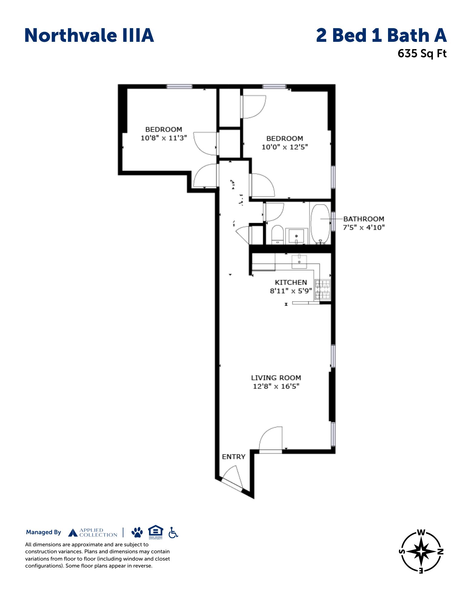Floor plan for 2 beds, 1 bath, 635 sqft